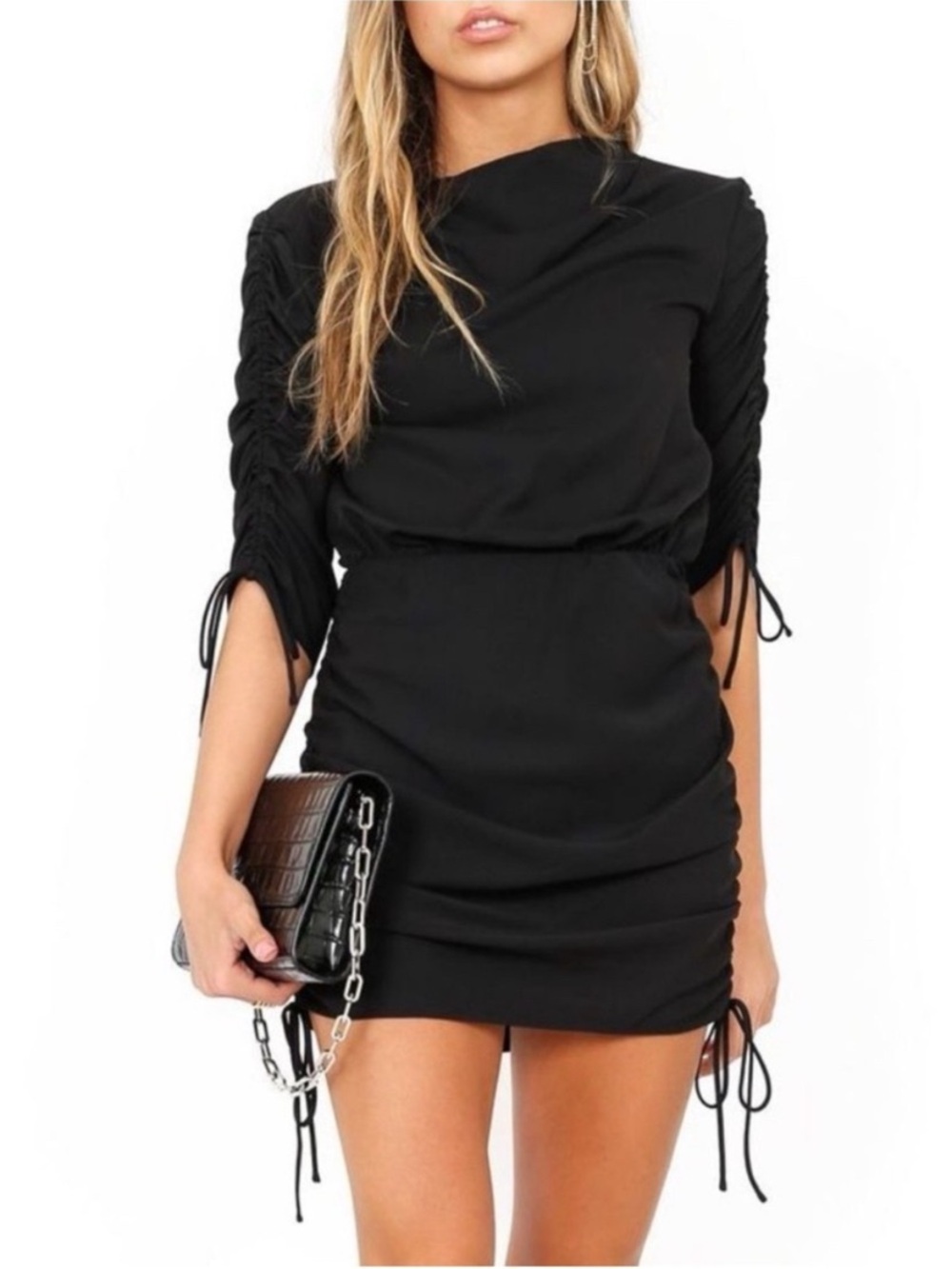Amanda Uprichard Black Ruched Drawstring Mini Dress S Cowl Neck Feminine Chic